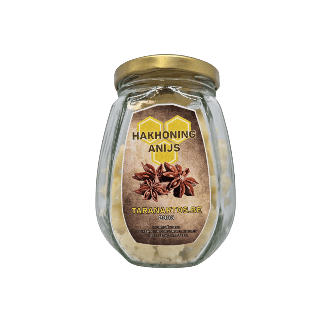 Geurige anijs honing in glazen pot, natuurlijk en ambachtelijk bereid, ideaal voor koken en bakken, met authentieke smaak en aroma, aangeboden door Taranartos.