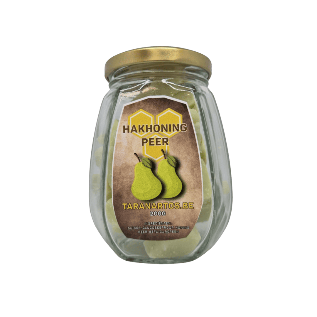 Zoete peer in honing geglaceerd, natuurlijke snack met honing en peerbieten, ideaal voor gezonde tussendoortjes en lekker genieten.