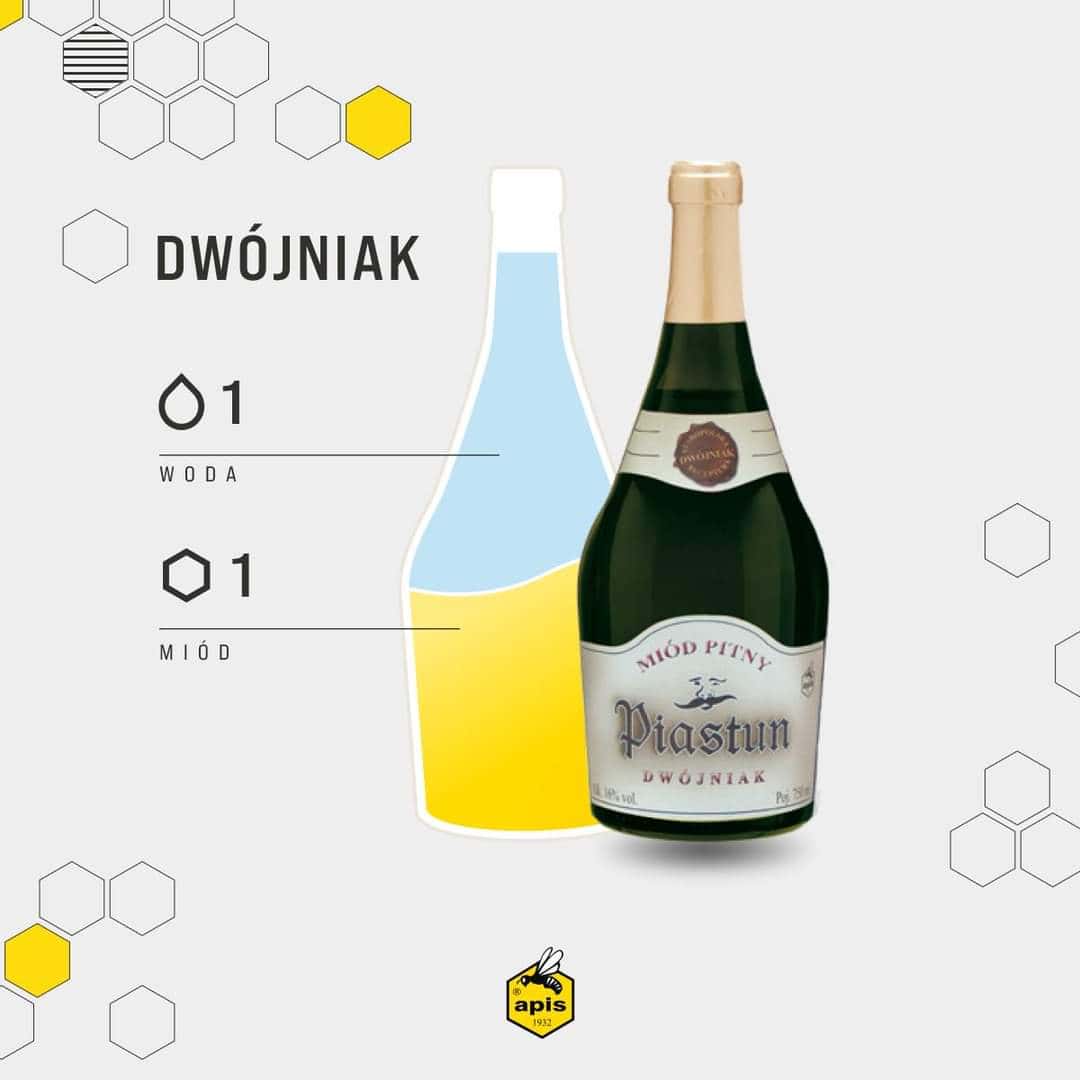 Oude fles Piastun Dwójniak honinglikeur, traditioneel honing en water met honing, ambachtelijk gemaakte honinglikeur, honingdrank, honingproduct, streekproduct, honing en water mix, honinginfusie, honingboerderij, honing producent.