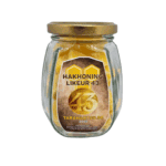 Zoete honing-likeur 43 in een glazen pot met gouden deksel, gemaakt door Taranartos, uniek product met honing en alcohol, ideaal voor culinaire en bijzondere dranken.