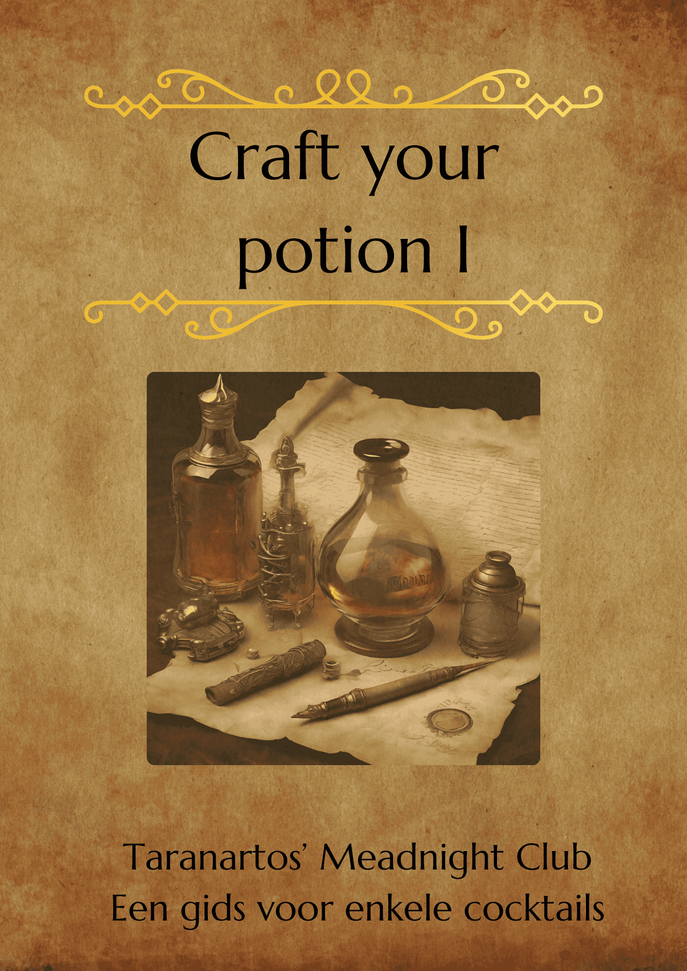 Betoverende foto van oude en antieke flesjes, perkament en een penseel, perfect voor de recepten en cocktails gids van Taranartos' Midnight Club.