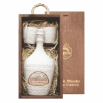 Hoogwaardige honing in een traditioneel keramisch porcelainestuk in houten geschenkdoos, perfect voor honingliefhebbers, met authentieke polder en bijen symboliek.