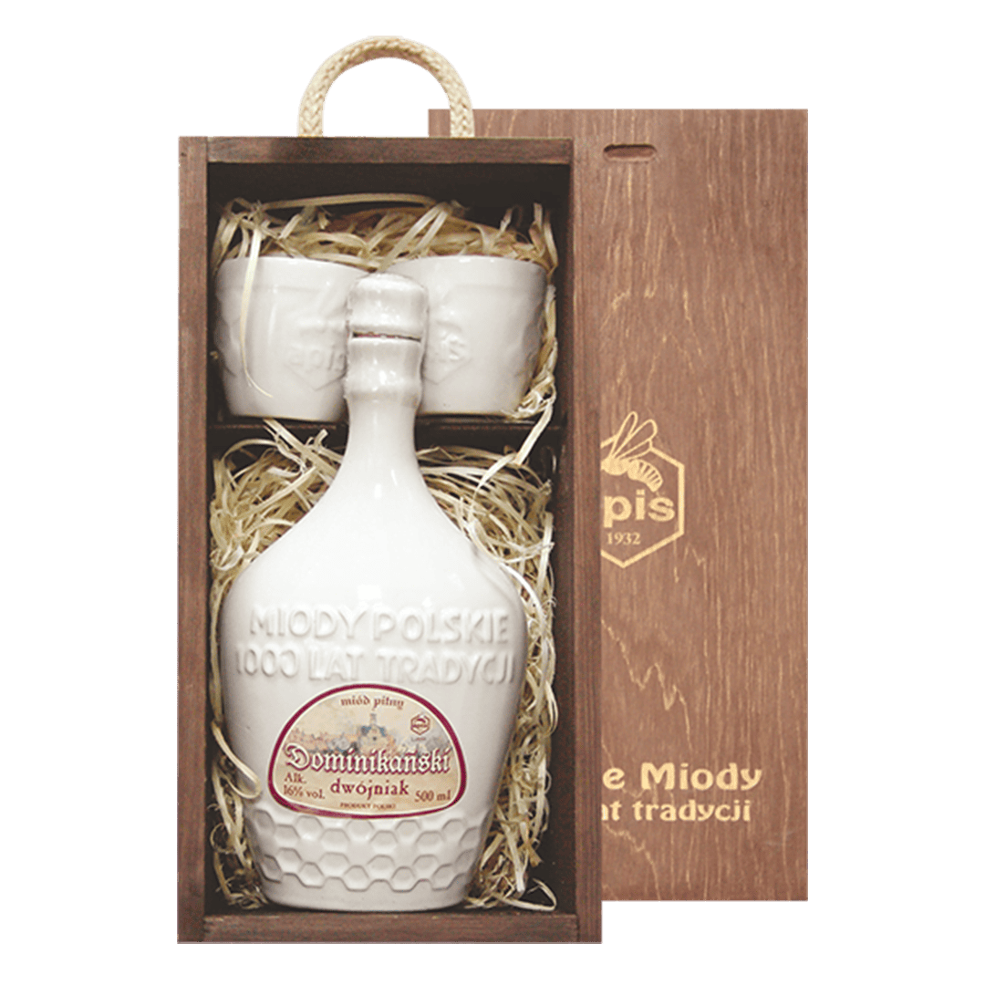 Hoogwaardige honing in een traditioneel keramisch porcelainestuk in houten geschenkdoos, perfect voor honingliefhebbers, met authentieke polder en bijen symboliek.