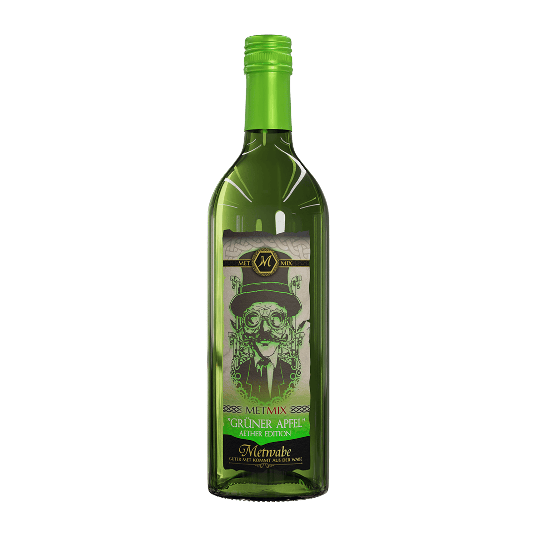 Verre met groene appellikeur, creatieve etikettering met een vintage man en steampunk-elementen, geschikt voor cocktails en amusementsdrankjes.