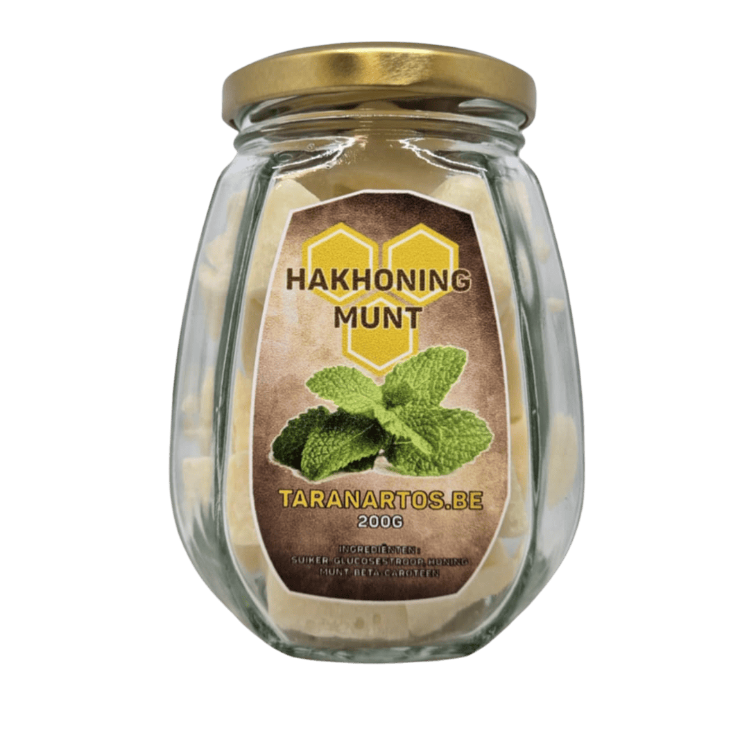 Bio-honing munt in een glazen pot, gedroogde honing munt met verse kruiden, bekend om zijn aromatische en medicinale eigenschappen, ideaal voor thee en recepten.