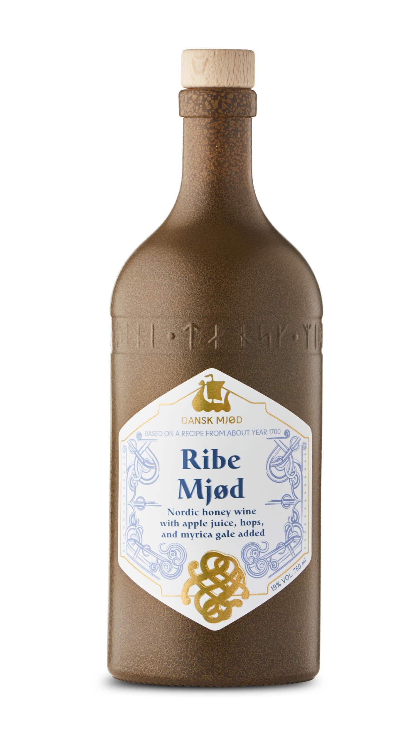 Rustieke fles Scandinavische honingwijn met appel, hop, myrica en kruiden, traditioneel recept uit 1700, perfect voor ambachtelijke dranken.