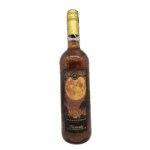 Goudkleurige wijnfles met moon label, chocolade en banaan smaak, prachtig ontworpen etikett met maan en boslandschap, perfect voor feestdagen en speciale gelegenheden.