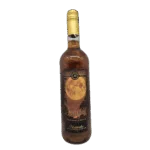 Goudkleurige wijnfles met moon label, chocolade en banaan smaak, prachtig ontworpen etikett met maan en boslandschap, perfect voor feestdagen en speciale gelegenheden.