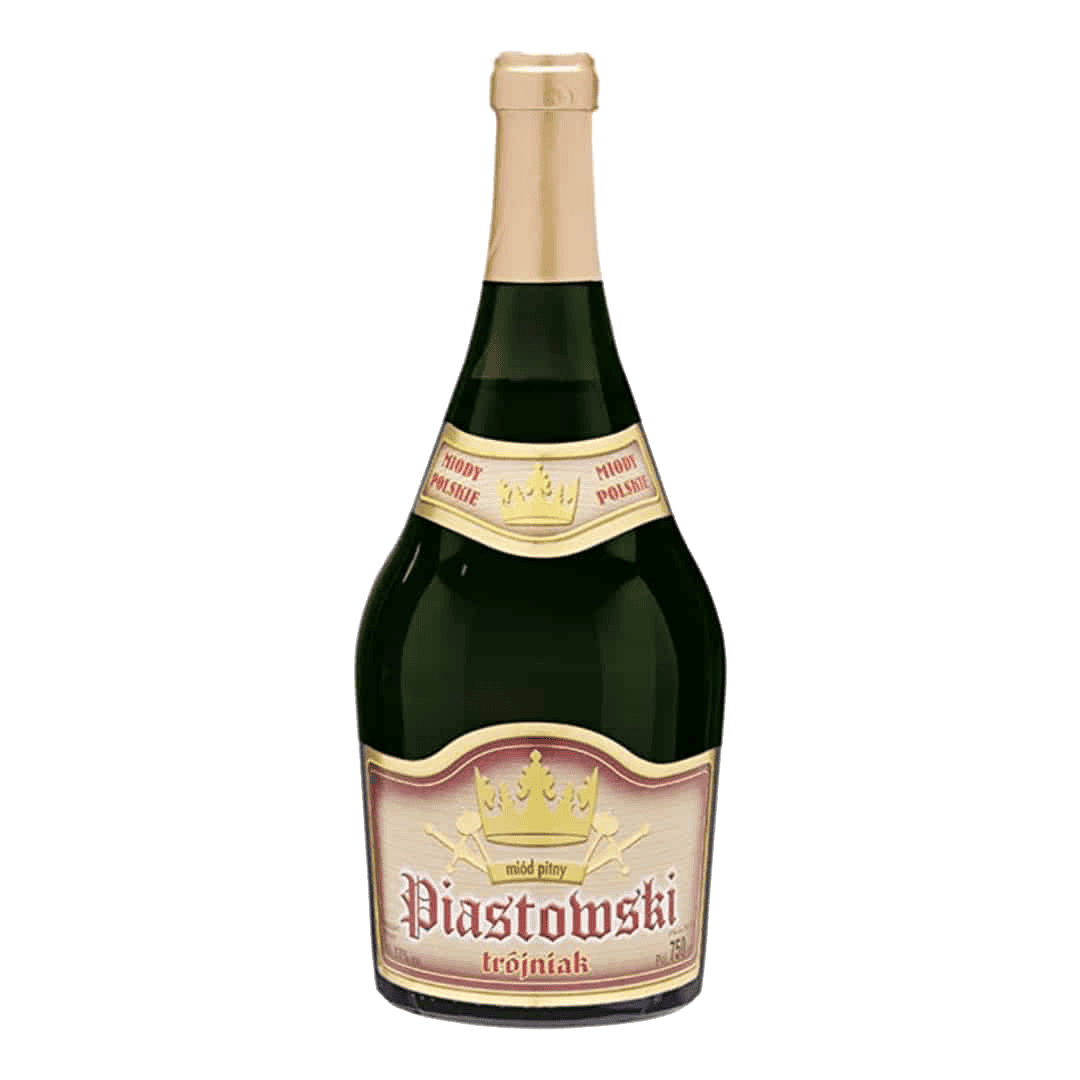 Volle naamloze wijnfles, piastowski trójniak, traditoneel Poolse honingwijn, feestelijk drank, cadeauverpakking, alcoholische drank, honinglikeur, decoratief wijnflesmodel, traditionele Poolse specialiteit, ambachtelijke honingwijn, luxe geschenk.