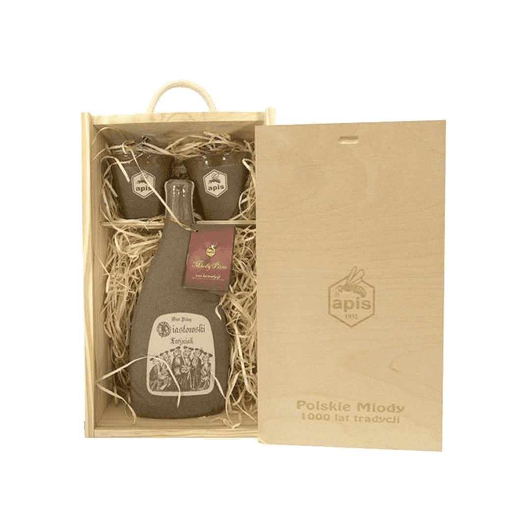 Zoete honing cadeaupakket met honingpot en bijenproducten in houten doos, perfect voor honingliefhebbers en nationale tradities, ambachtelijke kwaliteit uit Polen.