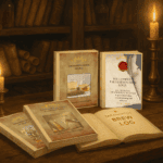 Elegante brochure over Taranartos brouws, handgemaakt mead, en meetlogboeken, met een houten koffietafel en kaarslicht voor een authentiek ambachtelijk sfeer.