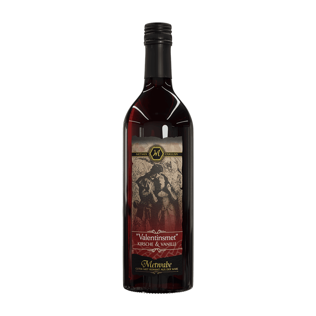 Gebottelde fantasie-vlám-liqueur Valentine’s Day kirsch en vanille, met een uniek ontwerp en pakkende label, perfect voor romantische gelegenheden en kerstcadeaus.