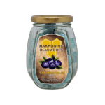 Blauwe bessensnoep in glaspot met gouden deksel, gemaakt door Taranartos, natuurzuiver en heerlijk zoet, perfect voor honing en fruitliefhebbers.