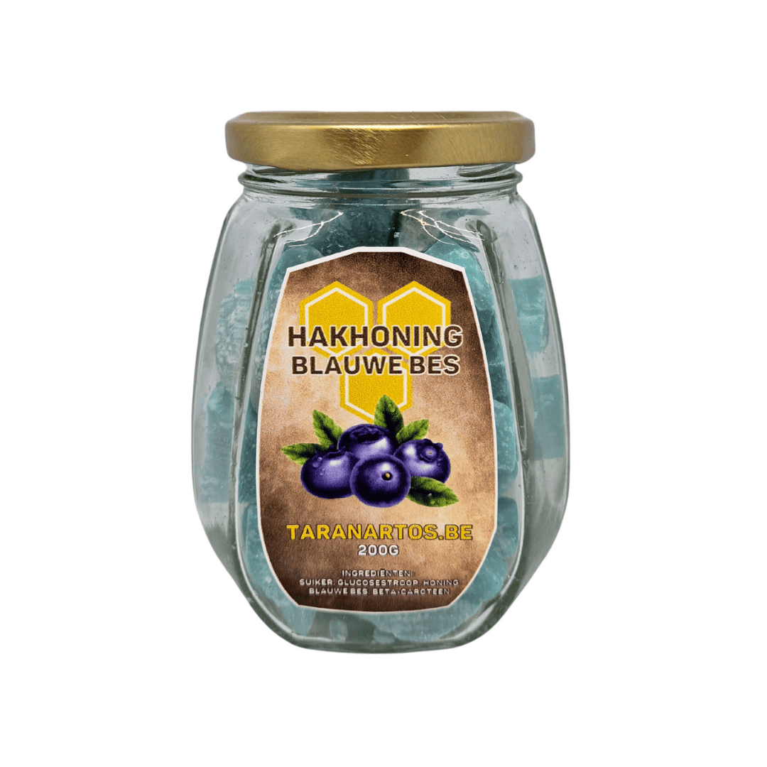 Blauwe bessensnoep in glaspot met gouden deksel, gemaakt door Taranartos, natuurzuiver en heerlijk zoet, perfect voor honing en fruitliefhebbers.
