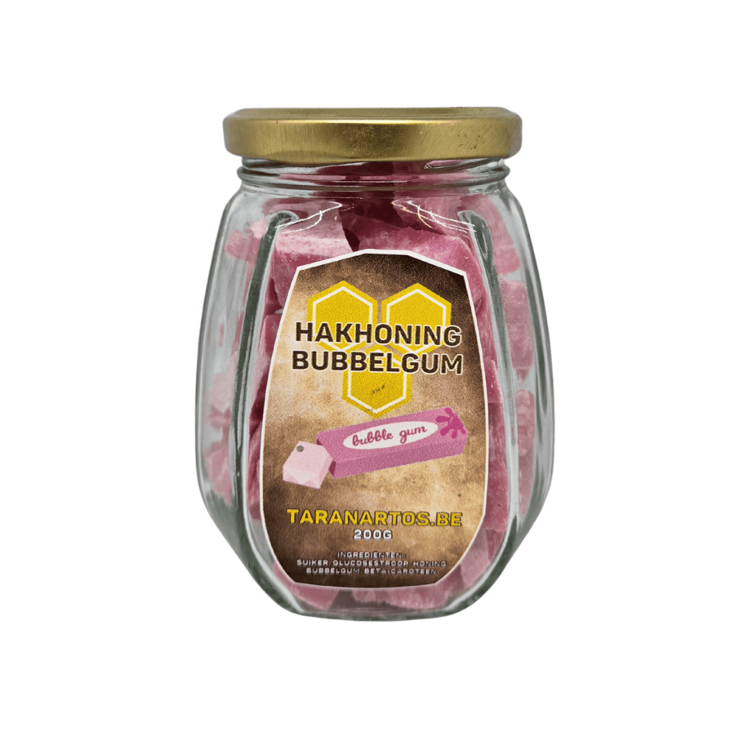 Zoete honing bubblegum in een glazen pot, ambachtelijke kauwgum met honing voor een unieke smaakervaring - perfect voor liefhebbers van natuurlijke zoetigheden.