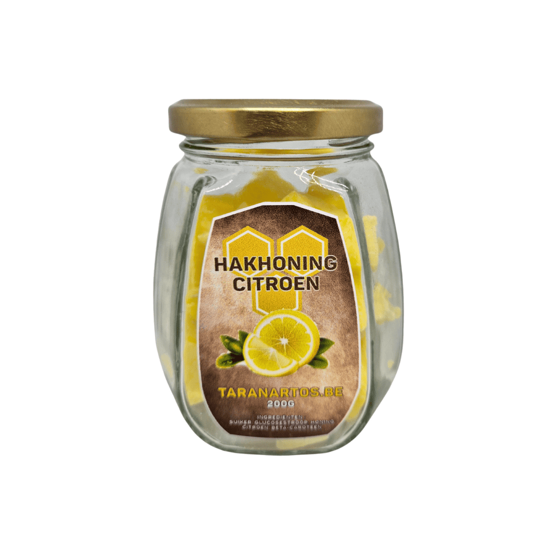 Zoete citroenhoning in een glazen pot met gouden deksel, perfect voor thee, desserts en koken. Gemaakt van puur honing met fris citroensmaak, lokaal geproduceerd door Taranartos.