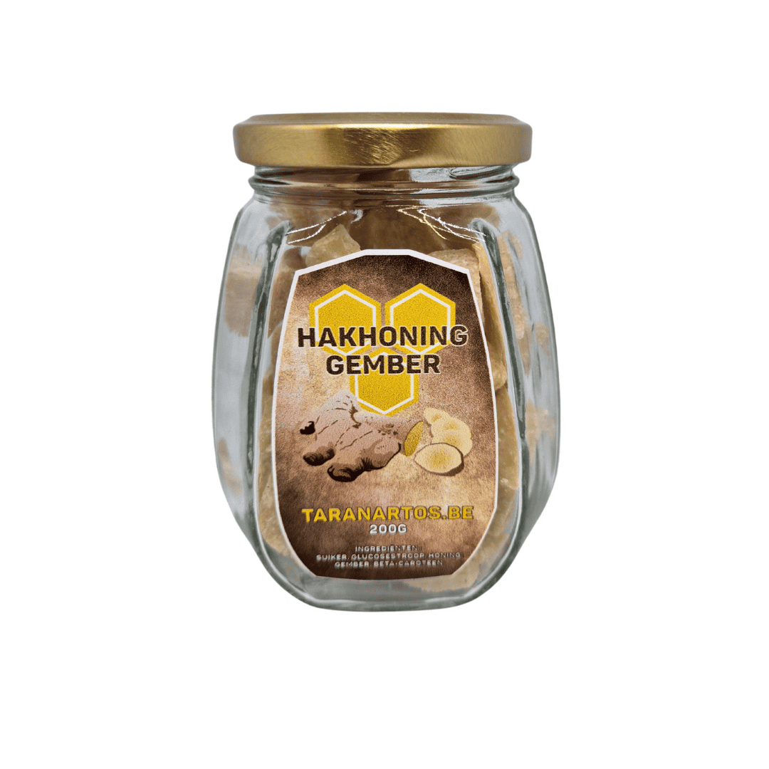 Zoete en aromatische gemberhoning in een glas pot, perfect voor gebruik in thee, recepten of als natuurlijke zoetstof. Gemaakt met biologische gember en honing, rechtstreeks van Taranartos.