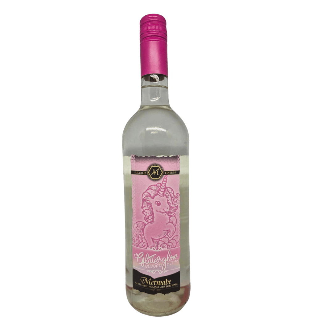 Een fles met glittersiroop in roze kleur, ontworpen voor cocktails en desserts.