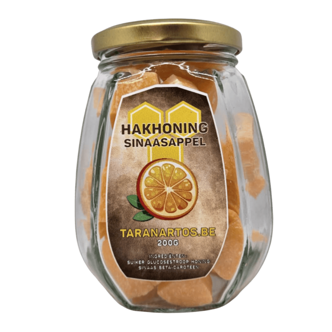Sinaasappel honing in een glazen pot, natuurlijke zoetstof, gezond en puur, perfect voor ontbijt en koken, van Taranartos.be.