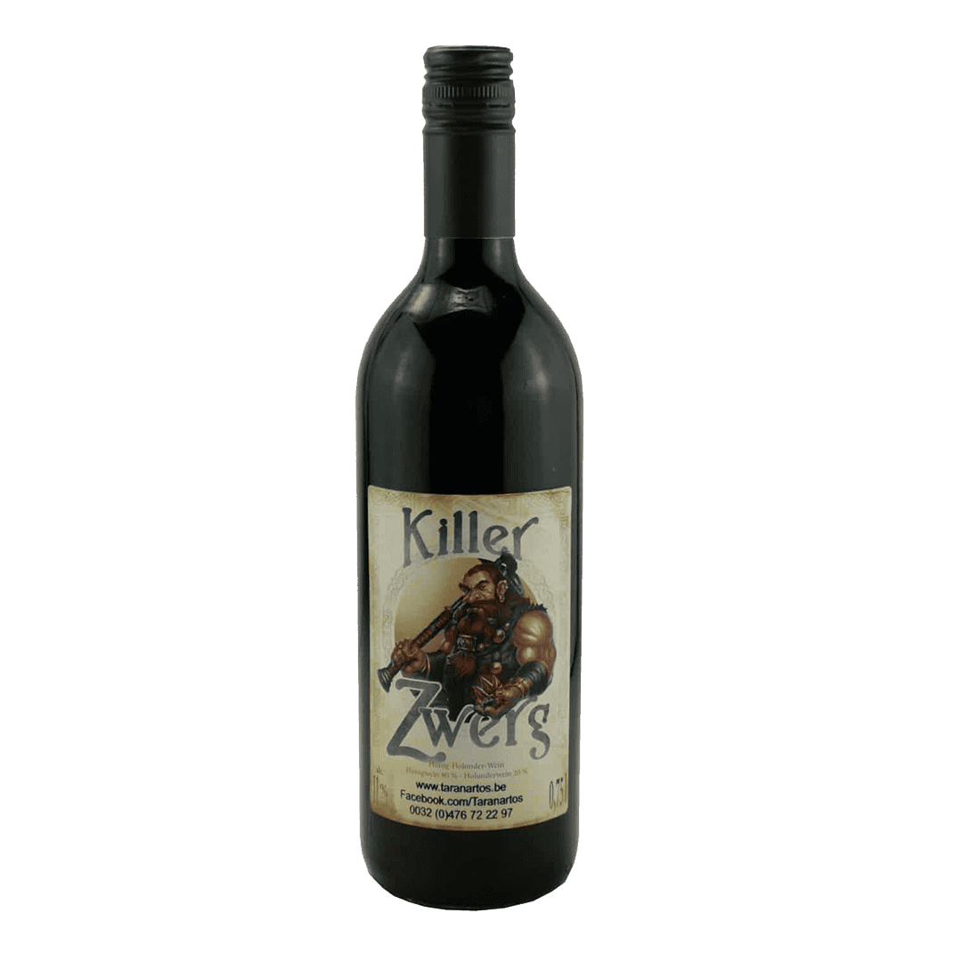 Een bottle of Killer Zwerg, een Belgische honingwijn met een uniek en krachtig smaakprofiel, ideaal voor liefhebbers van bijzondere en karaktervolle wijnsoorten.