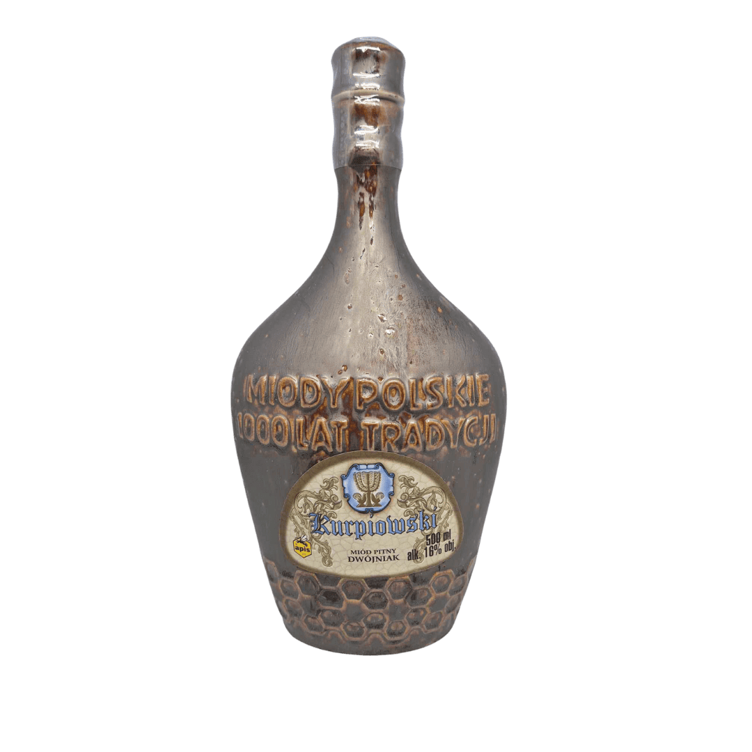 Mooie honingfles met traditionele Poolse signatuur en ambachtelijk vakmanschap voor pure honingproducten.