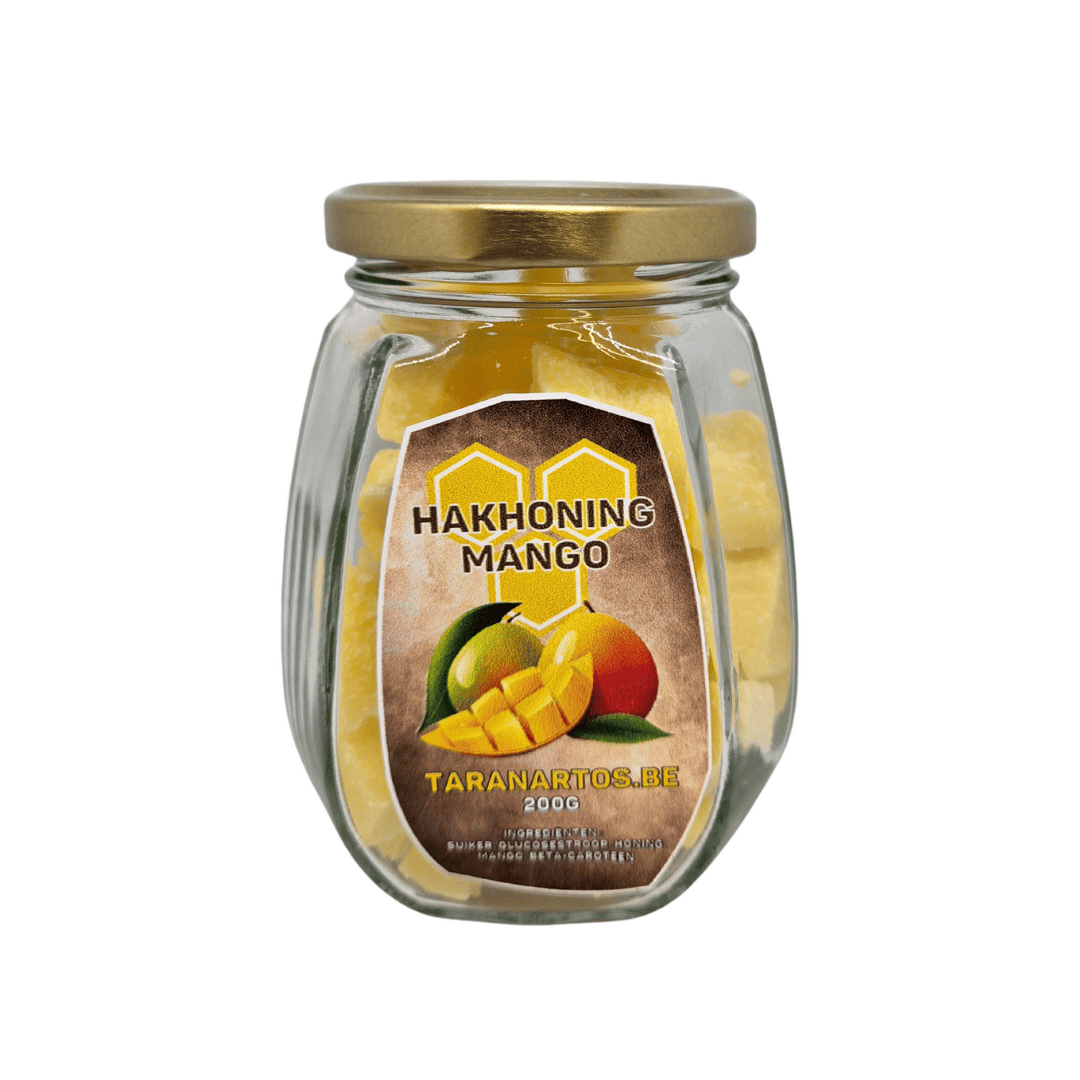 Zoete mango honing in een glazen pot, puur en natuurlijk bij Taranartos.