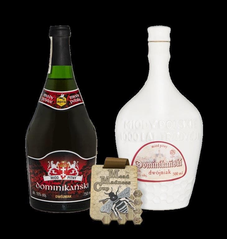 Kralen van Honing Dominiakowski en een honingfles met label, perfect voor honingliefhebbers en bijenbedevaart.