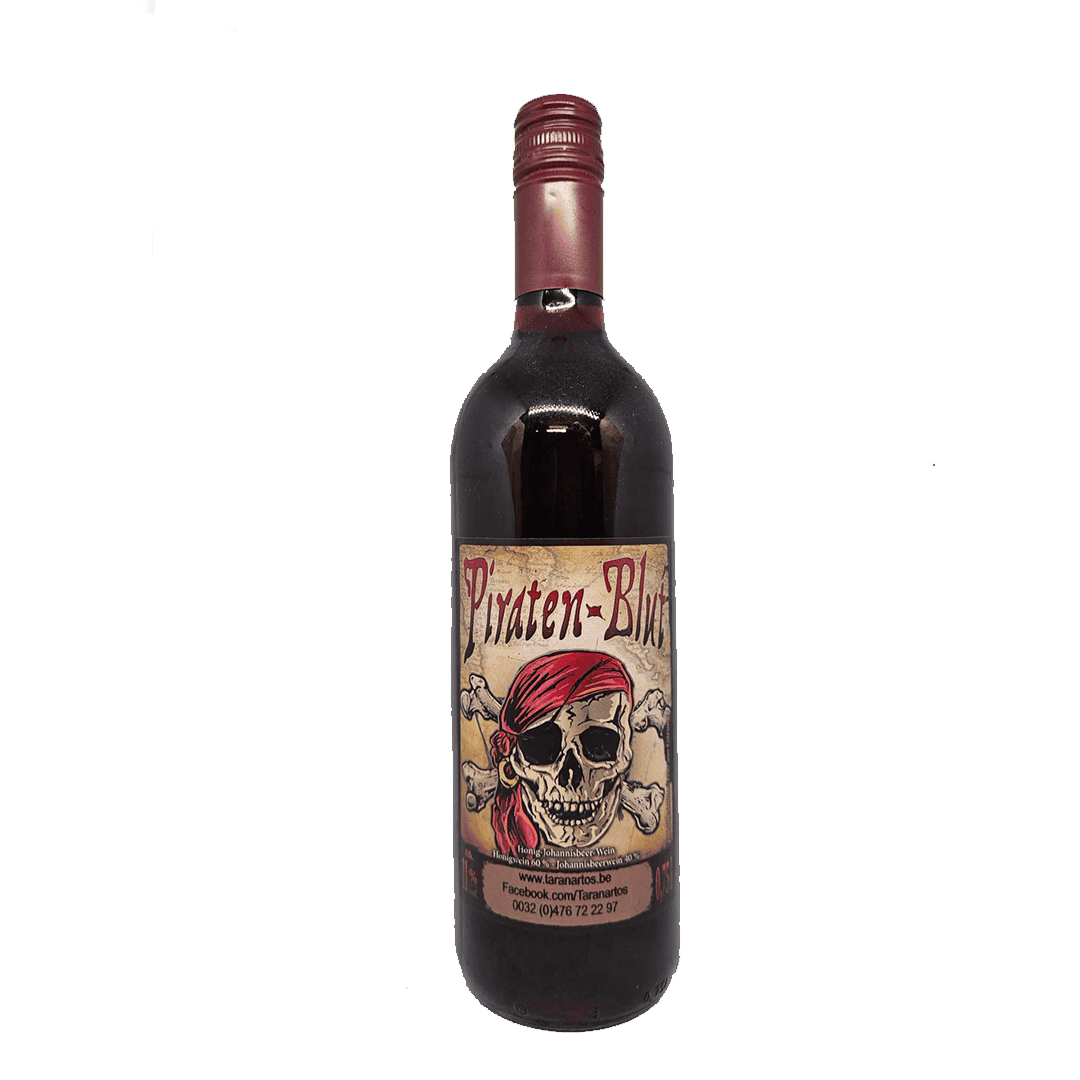Piratenblauw wijnfles met piraten-skelet label, donkere fles, speciaal en uniek ontwerp voor piraten- en Halloween-thema's.