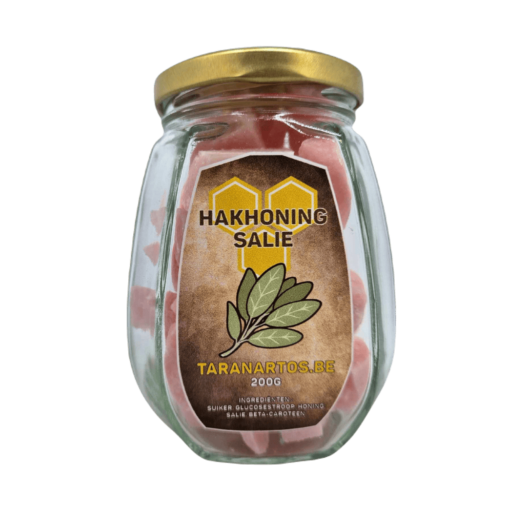 Zoete honing salie in glazen pot, ambachtelijk bereid met natuurlijke ingrediënten, ideaal voor koken en gezondheidsvoordelen, afkomstig van Taranartos, specialist in natuurlijke honingproducten uit België.