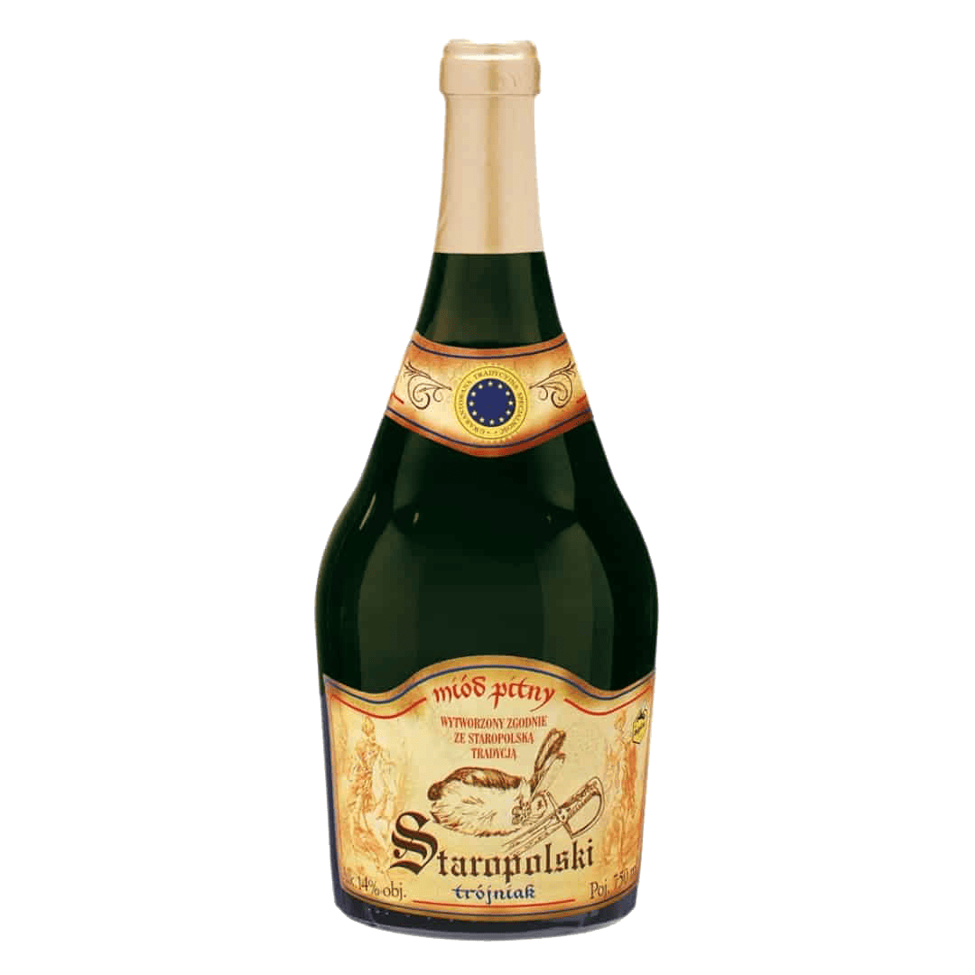Sfeervolle afbeelding van een fles Staropolski traditionele alcohol uit Polen, bekend om zijn rijke smaak en aromatische karakter, perfect voor liefhebbers van traditionele sterke dranken in België.