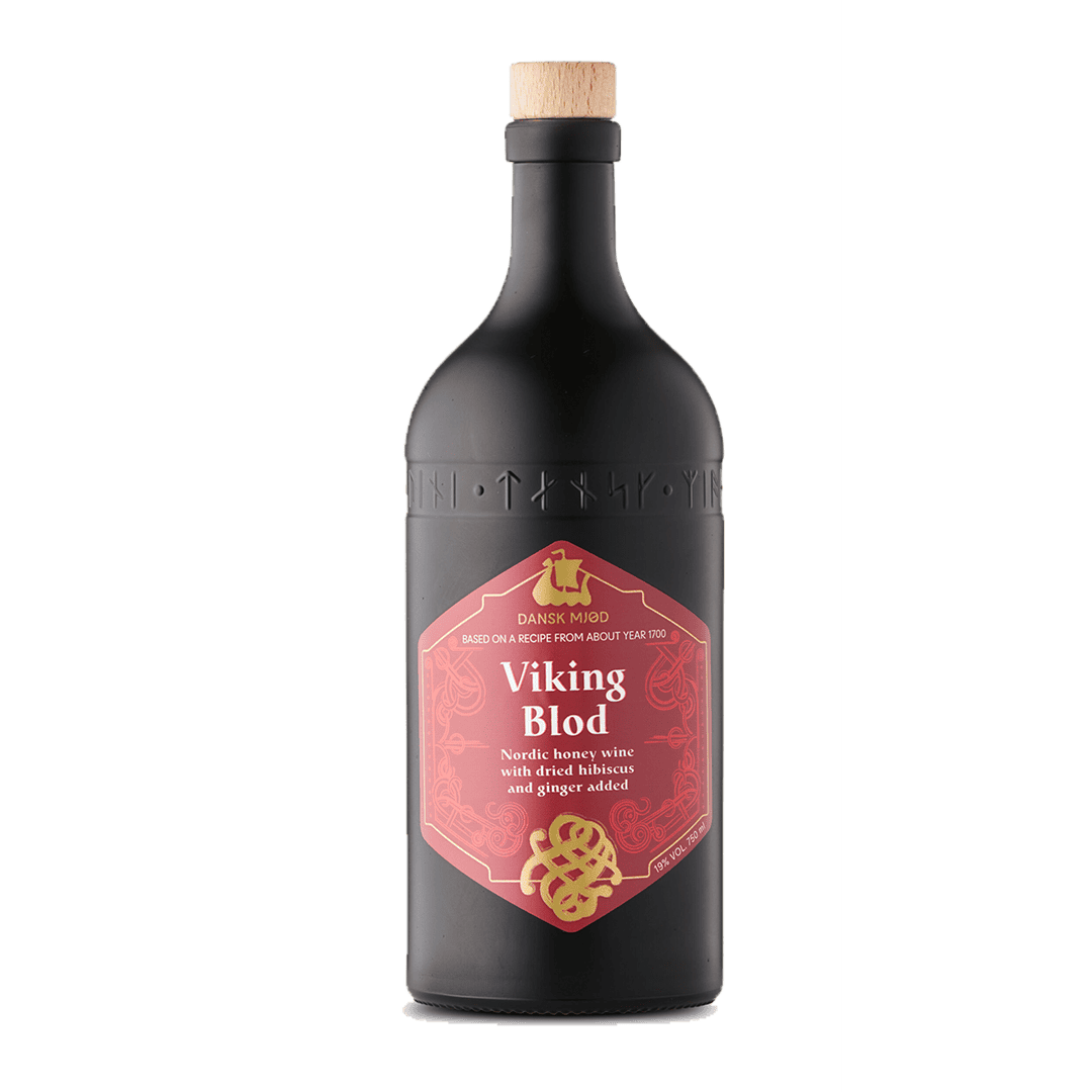 Viking Blod Nordic honingwijn met gedroogde hibiscus en gember, uniek ambachtelijk product uit Denemarken, ideaal voor culinaire en gastronomische toepassingen.
