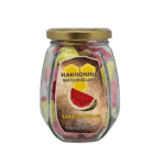 Zoete watermeloen Hakhoning snoep in een glazen pot, ideaal voor liefhebbers van natuurlijke fruitige traktaties, gemaakt met watermeloen en honing.