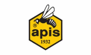 Een logo van Apis, een honingproducent opgericht in 1932, met een bij in zwart en wit tegen een gele achtergrond.