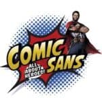 Comic Sans logo met slogan All About Heroes, kleurrijk ontwerp met explosieve achtergrond, geschikt voor creatieve en speelse toepassingen.