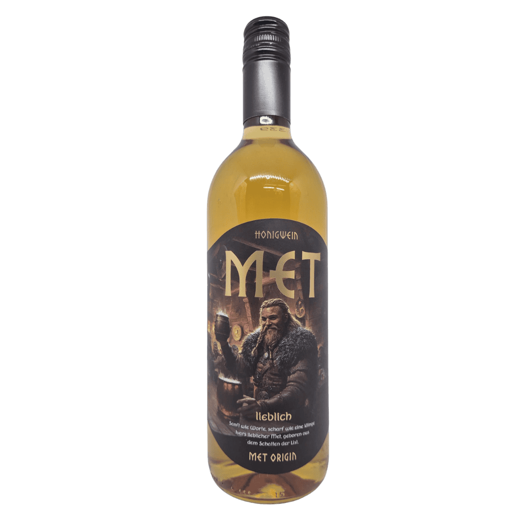 Geurige honingwijn met Viking-illustratie op etiket, verfrist en zoet, perfect voor liefhebbers van ambachtelijke honingwijnen en Scandinavisch geïnspireerd genieten.